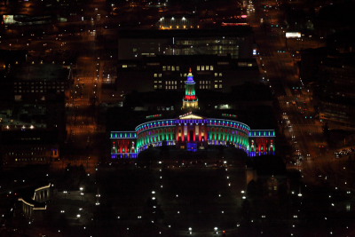 Denver City Building Xmas Lights Aerial